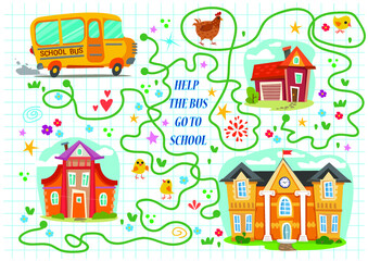Obraz na płótnie Canvas A logic puzzle game with paths for children. Help the bus find its way to school. Draw the lines. Develop skills of writing and drawing. Vector illustration.