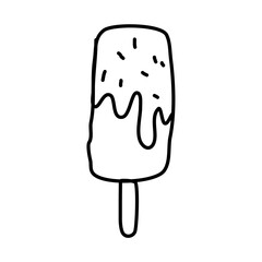 One hand-drawn ice cream on a stick Doodle vector illustration. Isolated on a white background, black and white graphics
