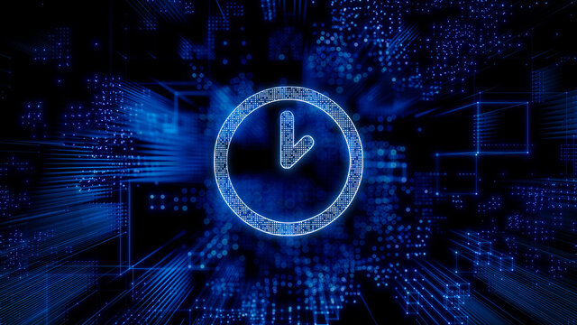 Time Technology Concept with clock symbol against a Futuristic, Blue Digital Grid background. Network Tech Wallpaper. 3D Render 