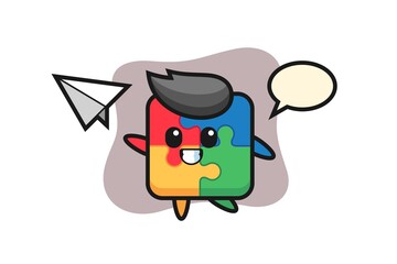 puzzle cartoon character throwing paper airplane