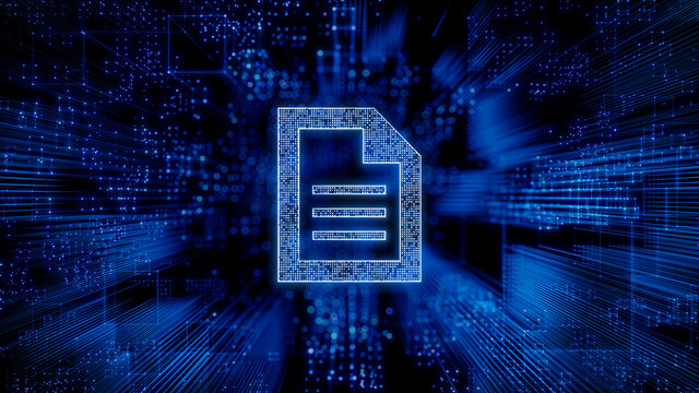 Word document Technology Concept with document symbol against a Futuristic, Blue Digital Grid background. Network Tech Wallpaper. 3D Render 
