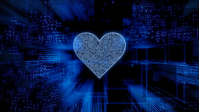 Love Technology Concept with heart symbol against a Futuristic, Blue Digital Grid background. Network Tech Wallpaper. 3D Render 