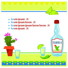 The menu template. It is decorated with alcohol of Mexico. Illustrated by tequila, pile, hot pepper, cactus. Vector illustration on white background.
