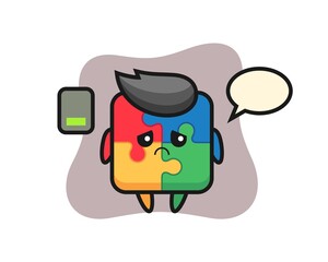 puzzle mascot character doing a tired gesture