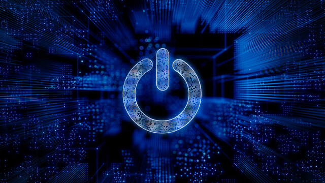 Activate Technology Concept with power symbol against a Futuristic, Blue Digital Grid background. Network Tech Wallpaper. 3D Render 