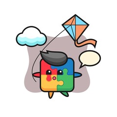 puzzle mascot illustration is playing kite