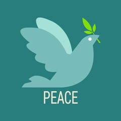 A gray dove of peace with a branch of olive in its beak. Vector illustration on a green background. A symbol of the Flood of the Bible.