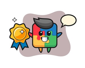 Fototapeta premium puzzle mascot illustration holding a golden badge