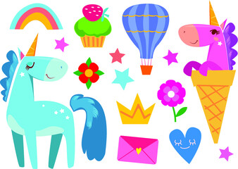 Set of stickers. Subjects for children's ponies, balloon, decorative elements. Vector illustration on white background.