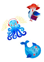 Handmade watercolor set of marine elements for your design, cards, invitations. Lifebuoy, beach towel, sand castle, sun umbrella. Kids cute cartoon set.