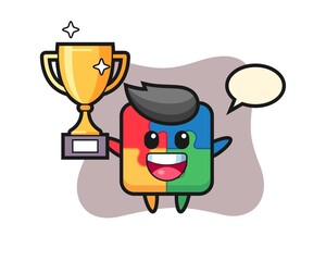 Cartoon Illustration of puzzle is happy holding up the golden trophy