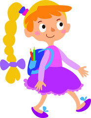 preparation for school. A baby girl comes with a backpack on her back. Funny cartoon style. Vector illustration. On a white background