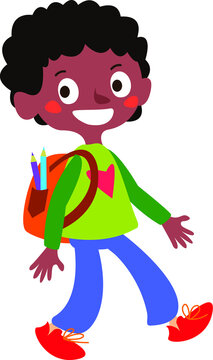 The boy African goes to school. White background. Vector illustration.