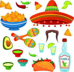 Set of traditional Mexican symbols. Collection of colorful icons, flat cartoon style, isolated cliparts. Funny stickers. Vector illustration on white background. National food.