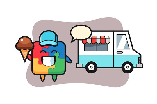 Mascot cartoon of puzzle with ice cream truck