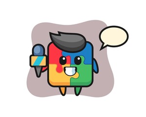 Character mascot of puzzle as a news reporter