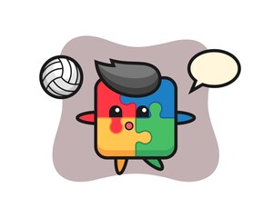 Character cartoon of puzzle is playing volleyball
