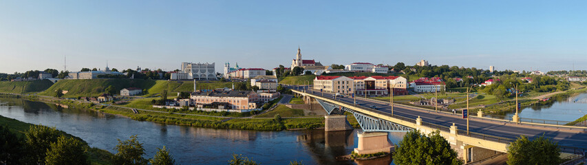 Fototapeta na wymiar Panorama view of downtown Grodno Belarus. Business and historical center with Drama theater, Boris and Gleb or Kalozhskaya church, old castle and new castle Grodno or Hrodna visafree Europe city.