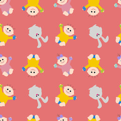 Kids with colored eggs and an Easter bunny on a red background. Easter holiday.