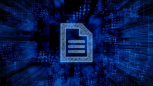 Word document Technology Concept with document symbol against a Futuristic, Blue Digital Grid background. Network Tech Wallpaper. 3D Render 