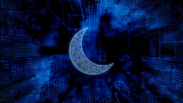 Night mode Technology Concept with moon symbol against a Futuristic, Blue Digital Grid background. Network Tech Wallpaper. 3D Render 