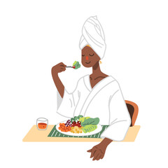 A woman enjoy eating homemade salad at home. A woman diet with clean eating for her health flat vector illustration. A woman enjoy mediterranean diet with healthy food, fresh vegetbles and fruits.