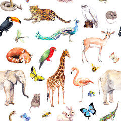 A lot of wild animals, birds, insects - zoo, wildlife background. Elephant, giraffe, deer, owl, parrot, bee, flamingo, other. Seamless zoology pattern. Watercolor