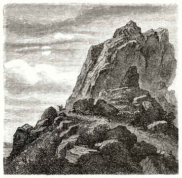 Limestone cliff on a dark ambient like evening or sunset. Ancient grey tone etching style art by Ferogio, Le Tour du Monde, 1862