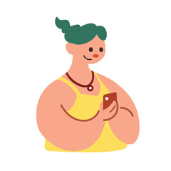 A woman using their smartphone cute flat vector illustration. Portrait of woman using mobile phone for 
 communication, social media, mobile internet and any business.