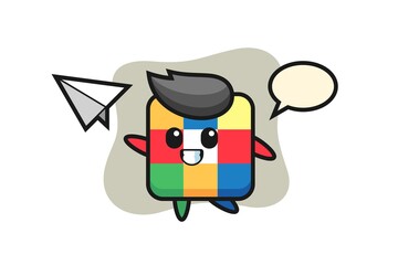 rubik cube cartoon character throwing paper airplane