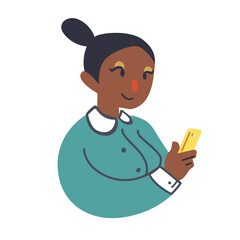 A woman using their smartphone cute flat vector illustration. Portrait of woman using mobile phone for 
 communication, social media, mobile internet and any business.