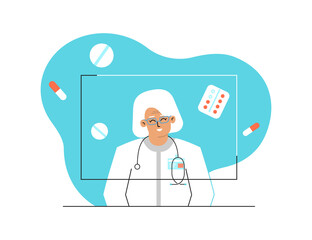 Vector isolated concept. Online consultation and diagnostic by Caucasian elderly physician. Video call on computer. Medical icons. Internet service for doctor. Senior woman helps choose of medications