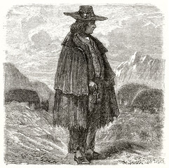 portrait of Peruvian man looking to side and dressing a mantle and hat over a mountain landscape. Ancient grey tone etching style art by Riou, Le Tour du Monde, 1862