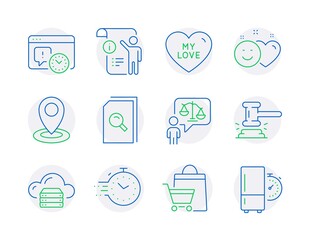 Line icons set. Included icon as Project deadline, Lawyer, Timer signs. Sale bags, Smile, Search files symbols. Vector