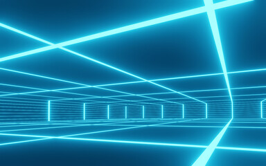 Abstract Background 3D rendering blue room with stripes of neon lights and reflections. Sci-FI Futuristic architecture background Chaotic Blue Neon Lights laser with rays and lines.