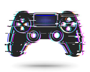 Game controller, gamepad with sticks and buttons, game controller isolated on a white background. With a digital effect. With an interference effect.	