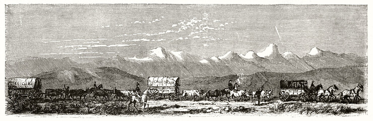 Mormons caravan travelling outdoor from left to right on a horizontal vast landscape with mountains far in the distance. Ancient grey tone etching style art by Chassevent, Le Tour du Monde, 1862 - 422278955