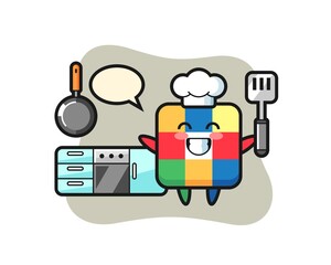 rubik cube character illustration as a chef is cooking