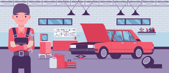 Small scale business-owner, privately owned car service. Young man, successful entrepreneur, individual start up project of repair, maintaining automobiles. Vector creative stylized illustration