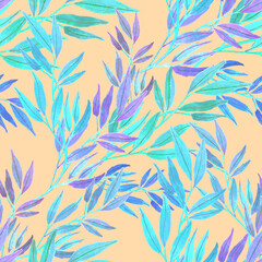 Watercolor seamless pattern with leaves. Bright summer or spring print for any purposes. Colorful hand drawn illustration. Vintage natural pattern. Organic background.	