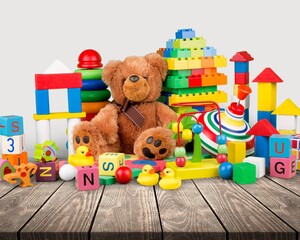 Many colorful toys collection on desk