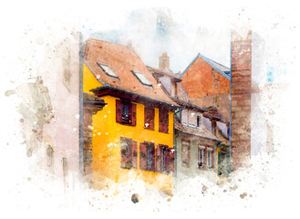 Old medieval street with traditional French houses in Strasbourg, France. Watercolor illustration