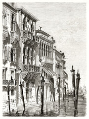 palazzo Ferro (Ferro palace), Venice, Italy. Renaissance architecture building with gothic windows overlooking grand canal. Ancient grey tone etching style art by Girardet, Le Tour du Monde, 1862