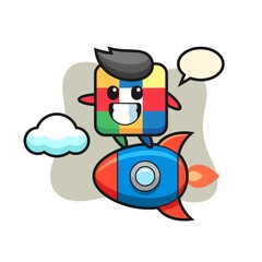 rubik cube mascot character riding a rocket