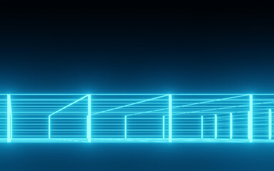 Abstract Background 3D rendering blue room with stripes of neon lights and reflections. Sci-FI Futuristic architecture background Chaotic Blue Neon Lights laser with rays and lines.