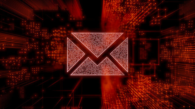 Email Technology Concept with Envelope symbol against a Futuristic, Orange Digital Grid background. Network Tech Wallpaper. 3D Render 