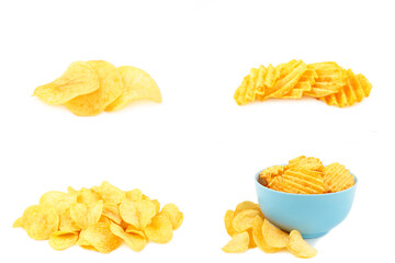 Set of potato chips isolated on white background, cut out