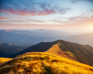 Obrazy na Szkle  Wspaniały widok na wzgórza świecące słońcem o zmierzchu. Miejsce lokalizacji Karpaty, Ukraina, Europa.