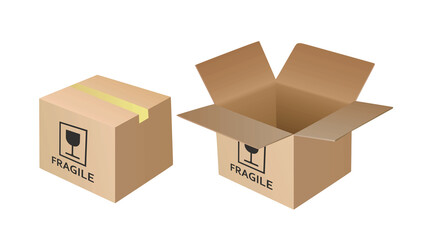 Open and closed cardboard box with fragile sign. vector illustration