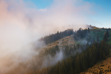 Panoramic view of the misty mountains in the countryside.